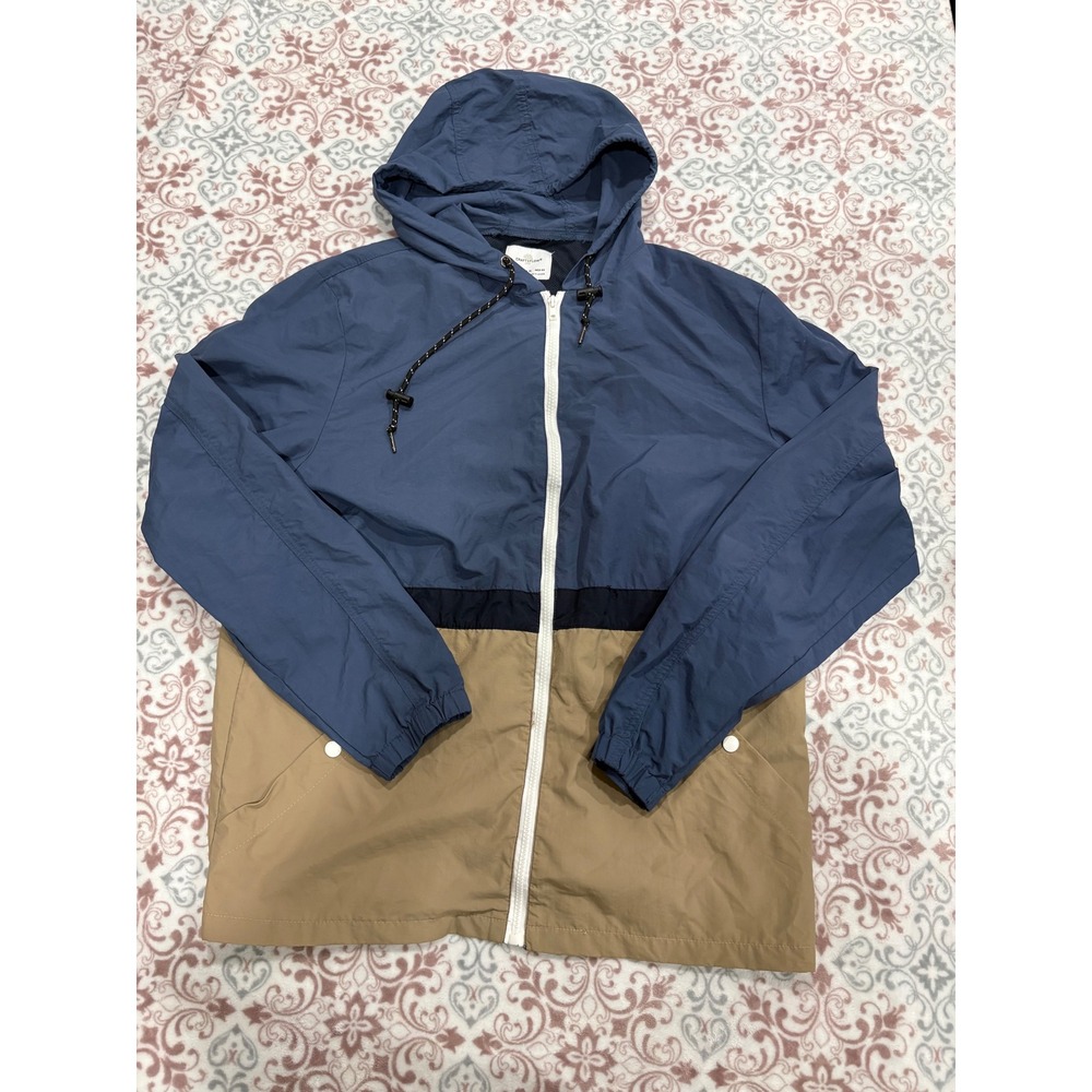 Craft + Flow Mens XL Colorblock Hooded Windbreaker Jacket Blue Tan Full Zip